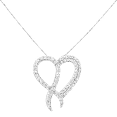 1 ct. tw Genuine Diamond Heart Ribbon Pendant Necklace .925 Sterling Silver (I-J Clarity  I2-I3 Color) 18' Necklace